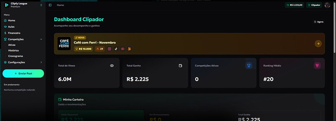 Dashboard do clipador na Clipfy League mostrando 6.0M de views, R$ 2.225 de total ganho e ranking médio 20.