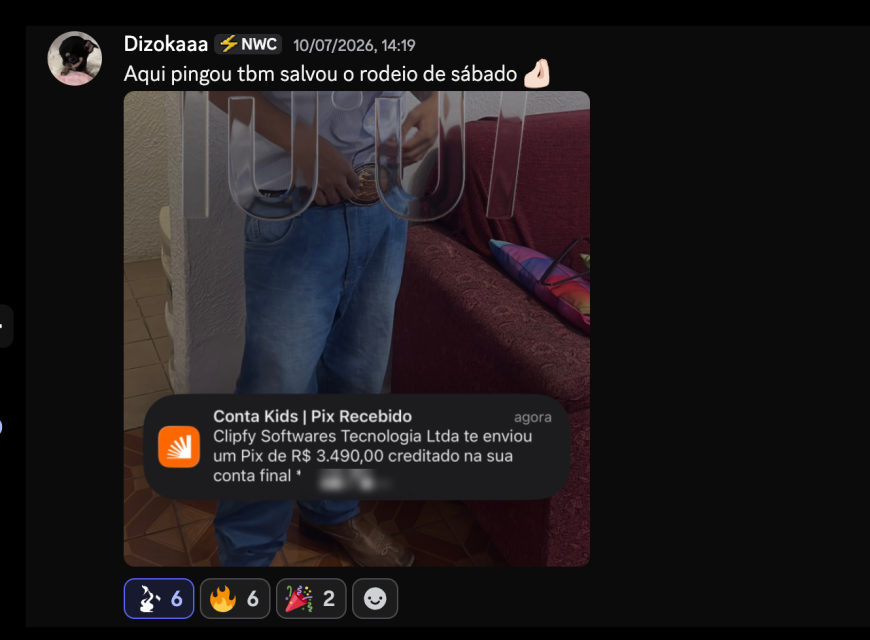 Post de Dizokaaa: aqui pingou também, salvou o rodeio de sábado, com notificação de Pix de R$ 3.490,00 da Clipfy.
