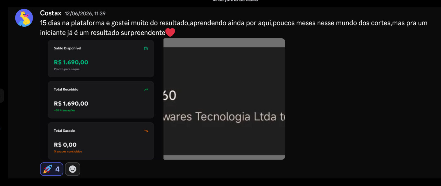 Post de Costax: 15 dias na plataforma, para um iniciante já é um resultado surpreendente, com painel de R$ 1.690,00 recebidos.