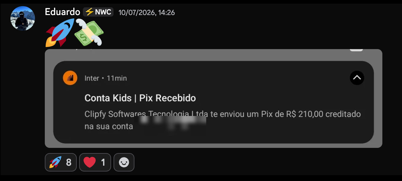 Post de Eduardo com notificação de Pix de R$ 210,00 da Clipfy.
