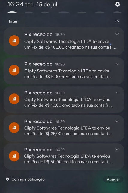 Notificações do banco Inter com cinco Pix da Clipfy de R$ 5 a R$ 100.