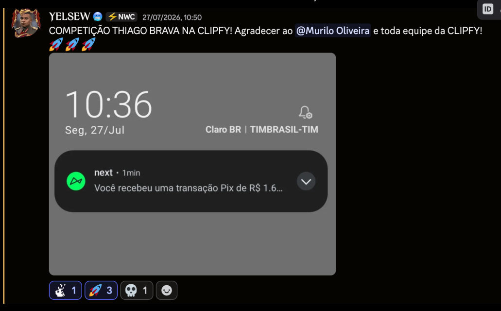 Post de YELSEW agradecendo a competição Thiago Brava na Clipfy, com notificação de Pix.