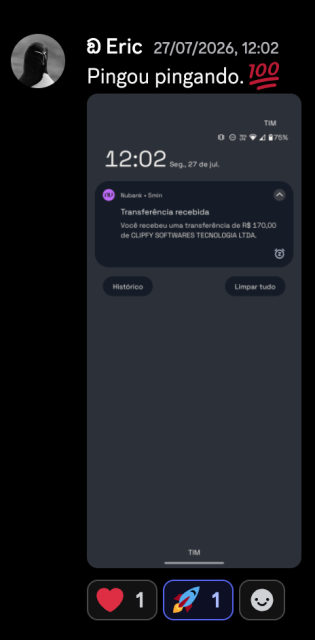 Post de Eric: pingou pingando, com notificação de transferência de R$ 170,00 da Clipfy.