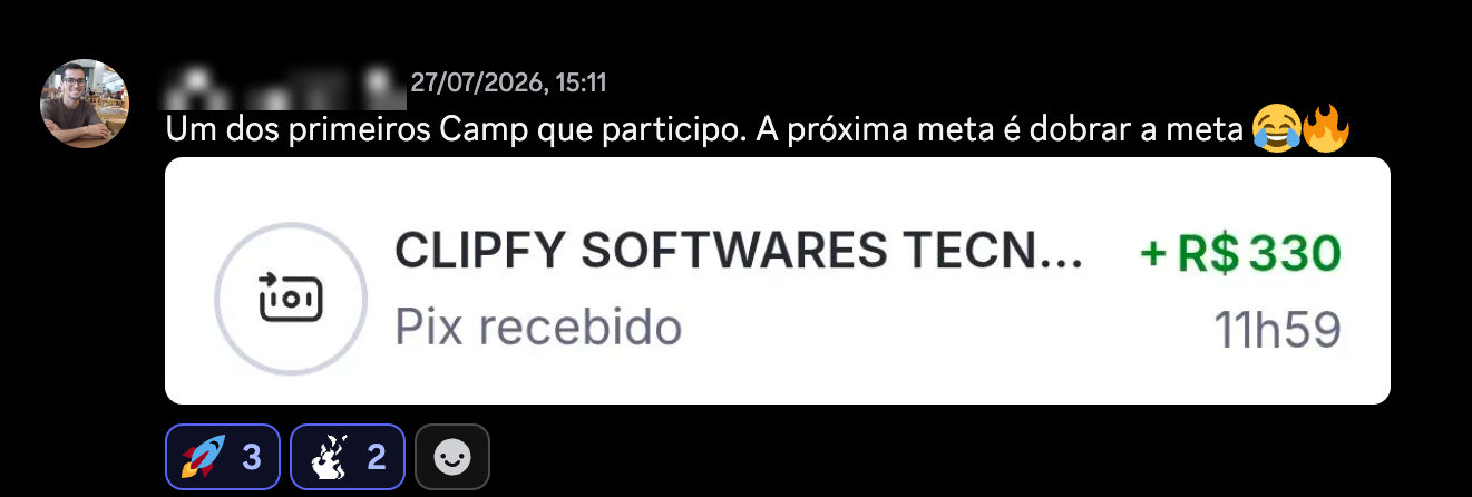 Post: um dos primeiros campeonatos que participo, a próxima meta é dobrar a meta, com Pix de R$ 330 da Clipfy.