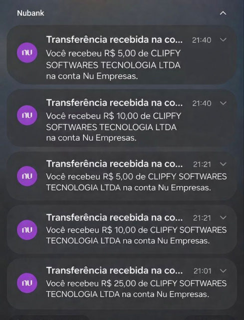 Notificações do Nubank com cinco transferências da Clipfy de R$ 5 a R$ 25.