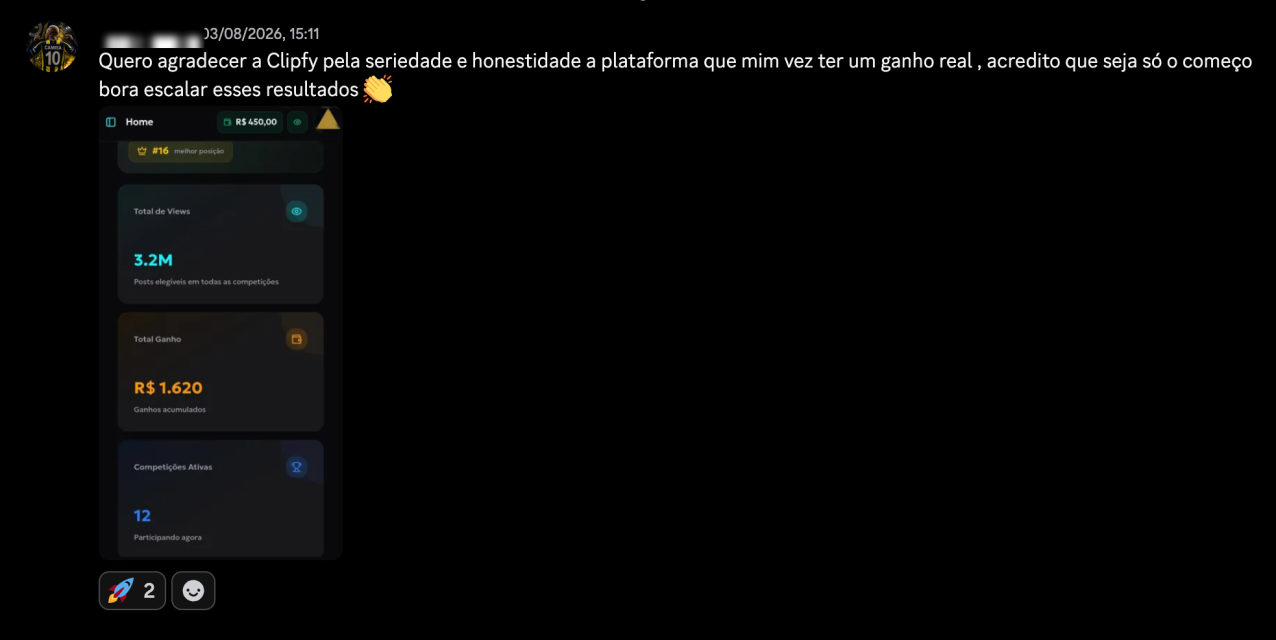 Post de clipador agradecendo pela seriedade da plataforma, com painel de 3,2 milhões de views e R$ 1.620 ganhos.