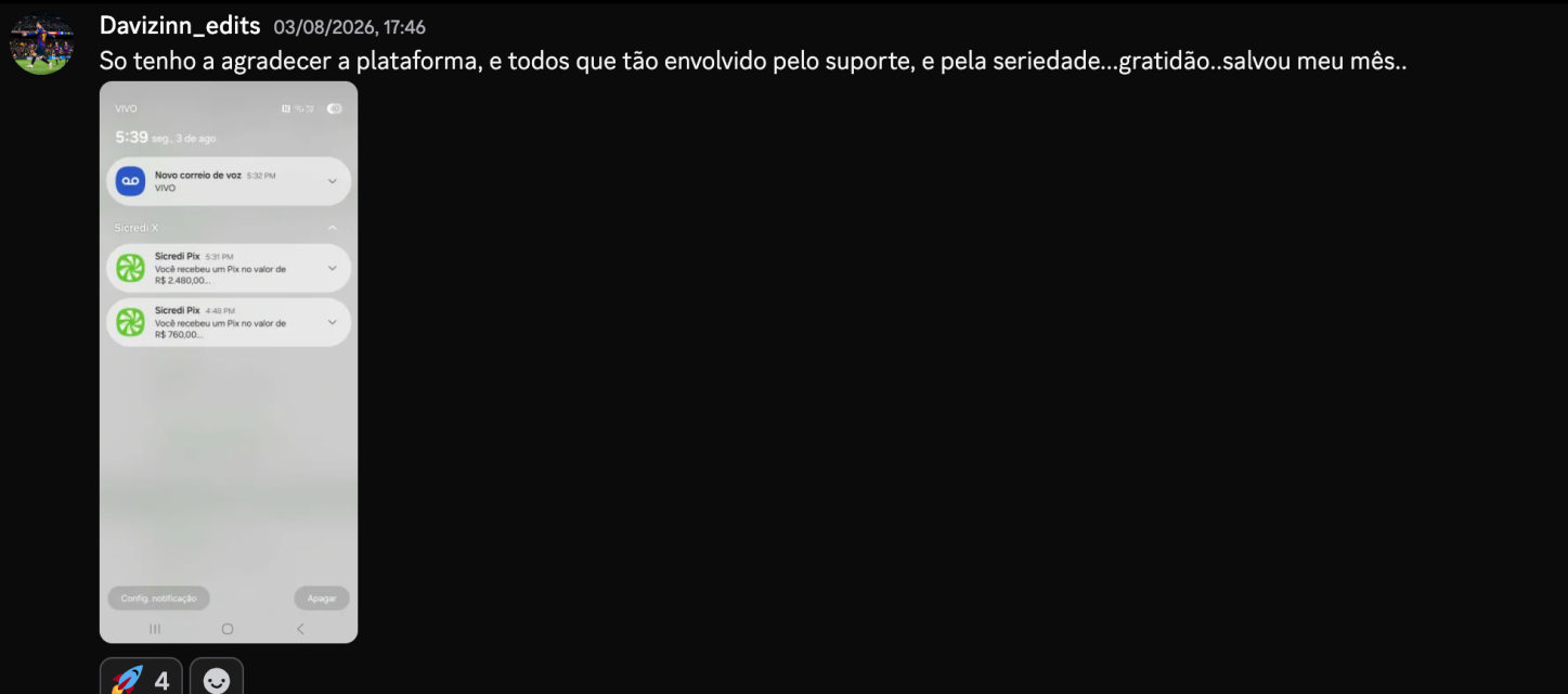 Post de Davizinn_edits agradecendo a plataforma: salvou meu mês, com duas notificações de Pix.