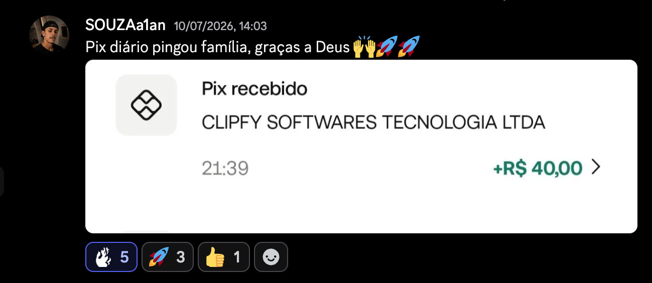 Post de SOUZAa1an: Pix diário pingou, com notificação de R$ 40,00 da Clipfy.