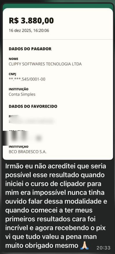 Comprovante de Pix de R$ 3.880,00 com a mensagem: não acreditei que seria possível, nunca tinha ouvido falar dessa modalidade, e agora recebendo o Pix vi que tudo valeu a pena.