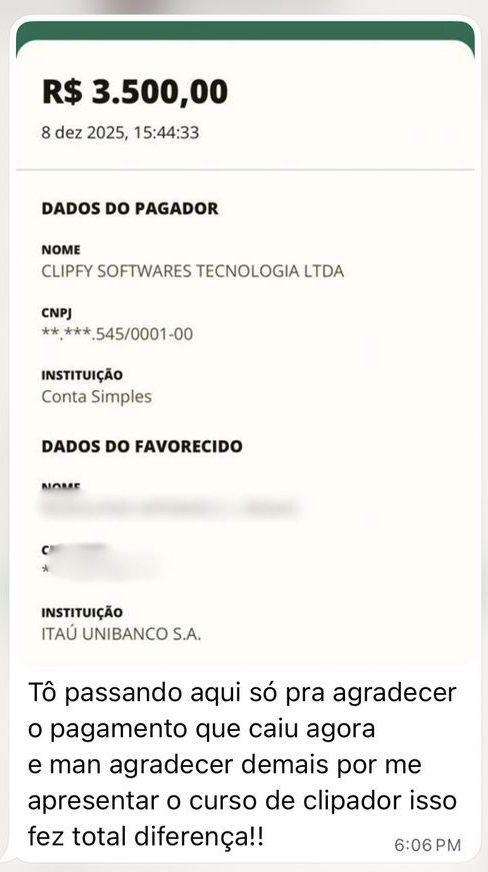 Comprovante de Pix de R$ 3.500,00 com a mensagem: passando pra agradecer o pagamento que caiu agora, me apresentar o curso de clipador fez total diferença.