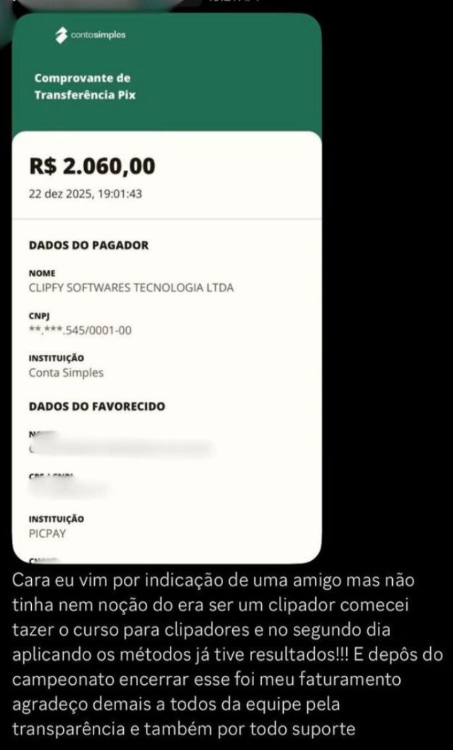 Comprovante de Pix de R$ 2.060,00 com a mensagem: vim por indicação de um amigo, não tinha noção do que era ser clipador, comecei a fazer o curso e no segundo dia aplicando os métodos já tive resultados.