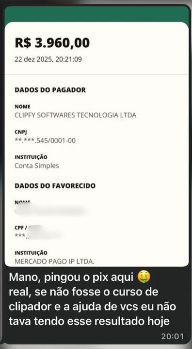 Comprovante de Pix de R$ 3.960,00 com a mensagem: pingou o Pix aqui, se não fosse o curso de clipador e a ajuda de vocês eu não estaria tendo esse resultado hoje.