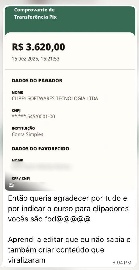 Comprovante de Pix de R$ 3.620,00 com a mensagem: aprendi a editar, que eu não sabia, e também a criar conteúdo que viralizaram.