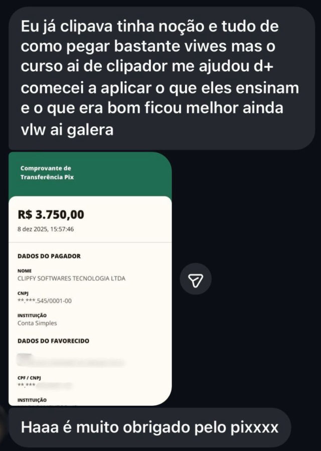 Comprovante de Pix de R$ 3.750,00 com a mensagem: eu já clipava e sabia pegar views, mas o curso de clipador me ajudou demais, o que era bom ficou melhor ainda.